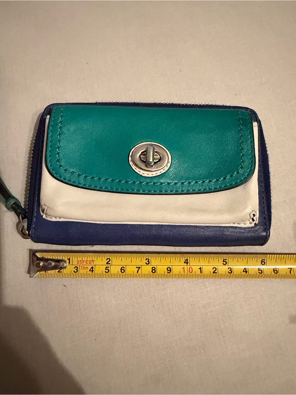 Coach Colorblock Leather Zip Wristlet Wallet in Teal, Navy & Cream - Picture 8 of 10
